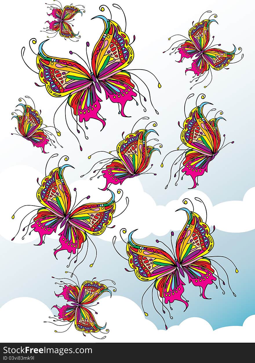 Vector illustration of beautiful coloured butterflies flying in the sky. Vector illustration of beautiful coloured butterflies flying in the sky