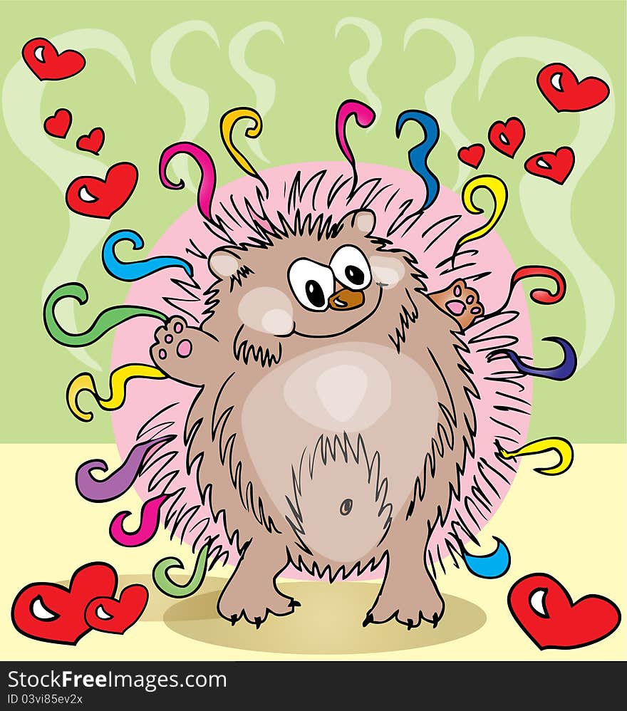 Illustration of little smiling hedgehog staying at pastel green background with hands-up among red hearts. Illustration of little smiling hedgehog staying at pastel green background with hands-up among red hearts