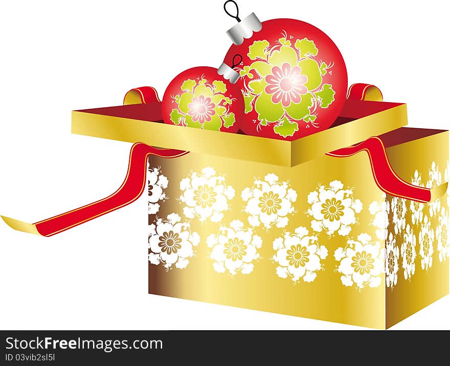 Christmas tree toys in a festive box with ribbons of gold and red Christmas background,
 Christmas, vector. Christmas tree toys in a festive box with ribbons of gold and red Christmas background,
 Christmas, vector