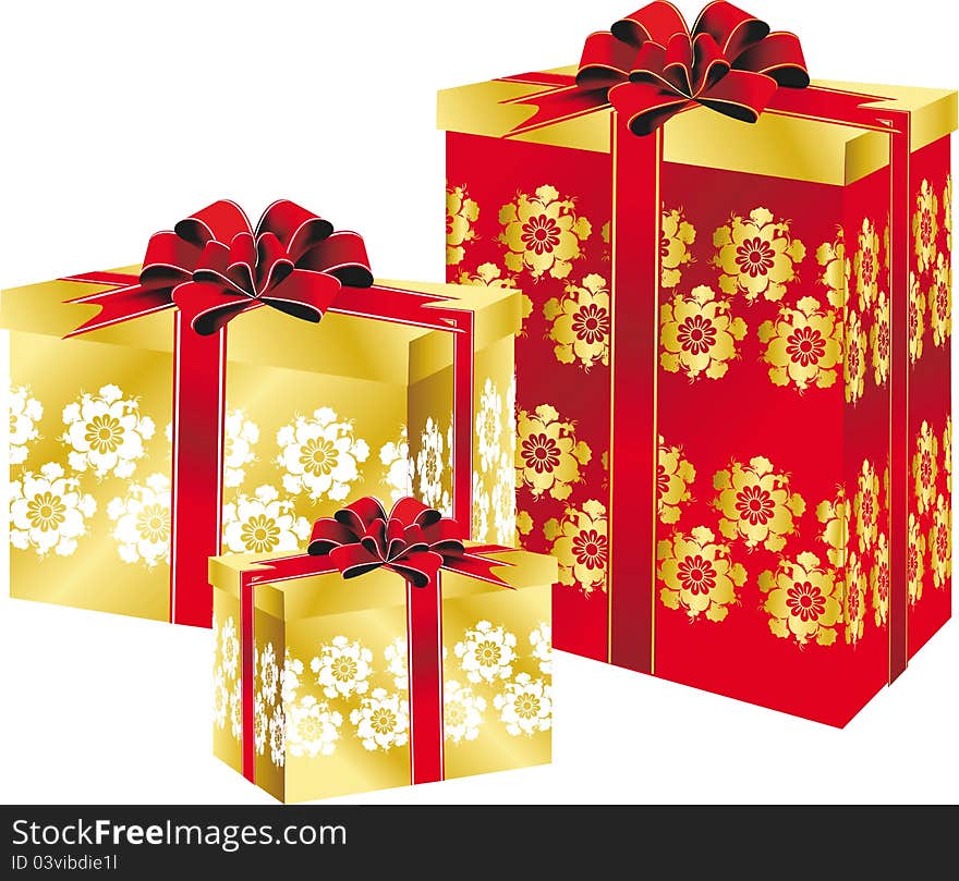 holiday boxes with ribbons of gold and red Christmas background, Christmas, vector. holiday boxes with ribbons of gold and red Christmas background, Christmas, vector