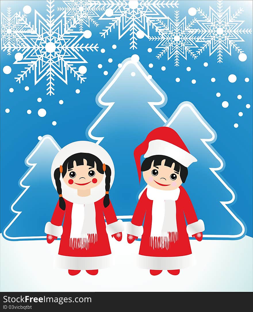 New Year, Christmas, little girl with a boy dressed as Santa Claus and Snow Maiden. New Year, Christmas, little girl with a boy dressed as Santa Claus and Snow Maiden