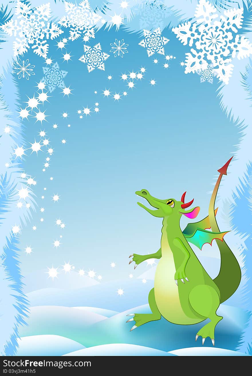 Dragon new 2012 year symbol with snowflakes