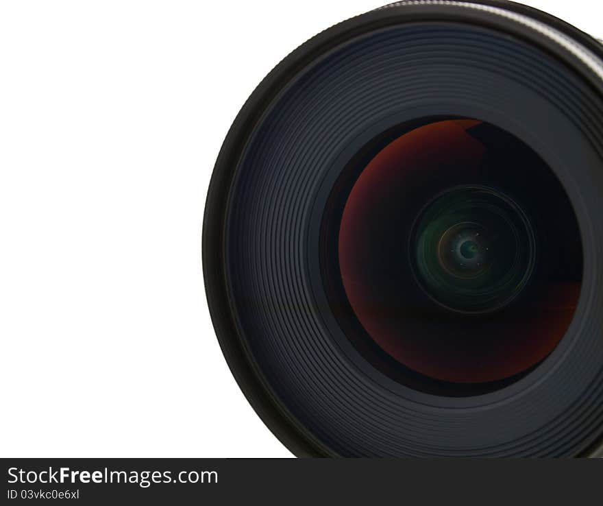 Close up camera lens on white background