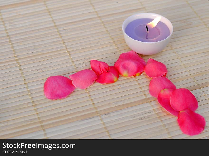 Purple candle with rose petals