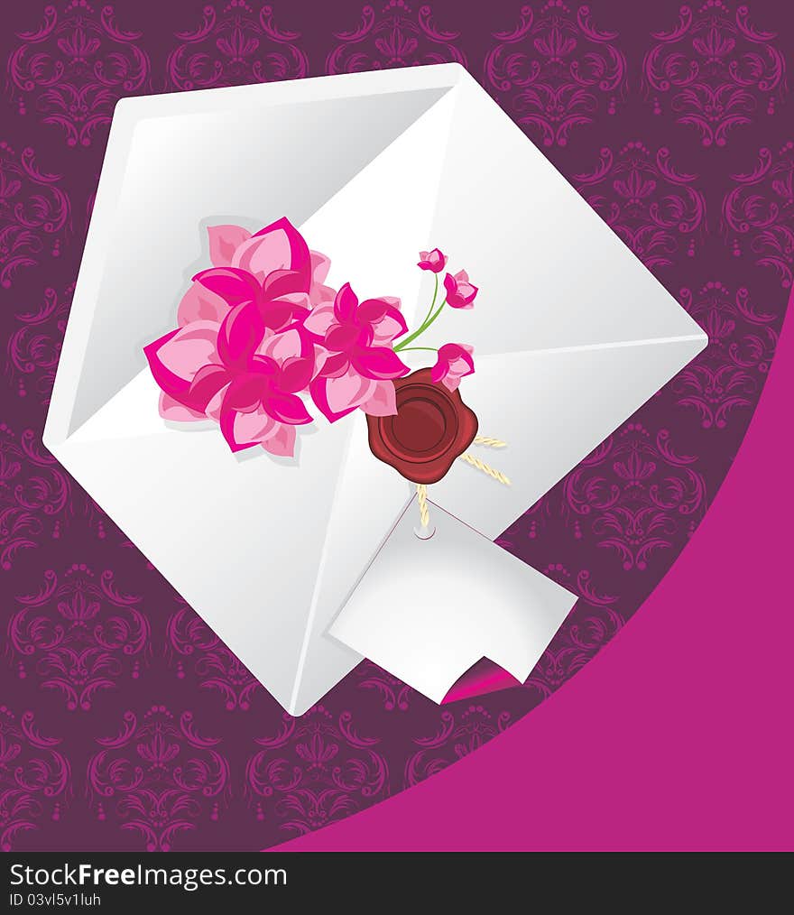 Holiday envelope with flowers on the decorative background. Illustration