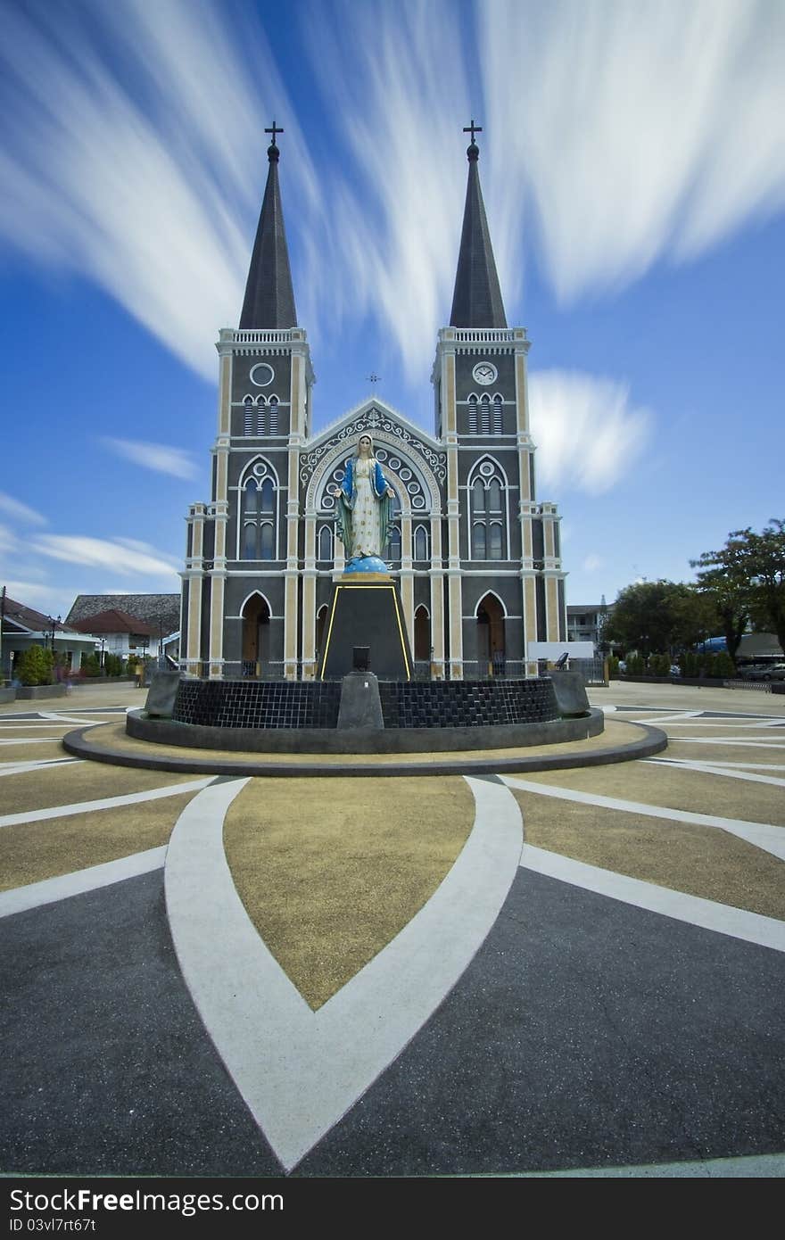 Christian Temple and moving sky in Jantaburi Thailand