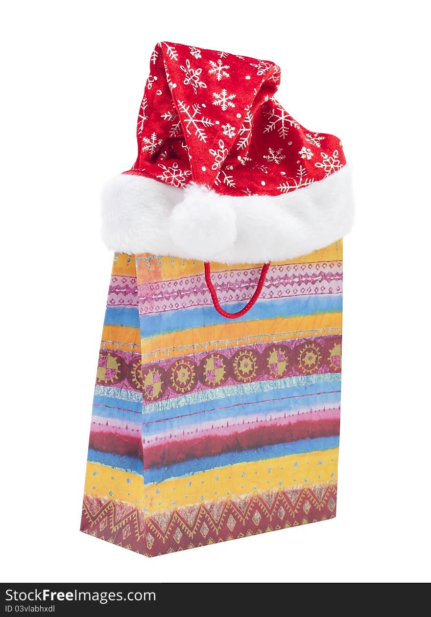 Gift bag and a hat Christmas on a white background