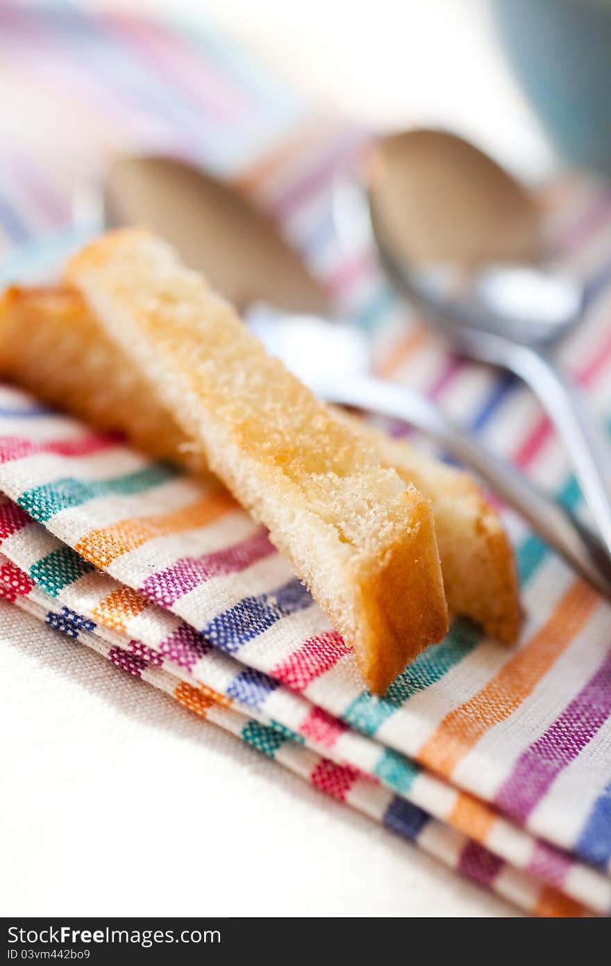 Pieces of toasted bread for a soup