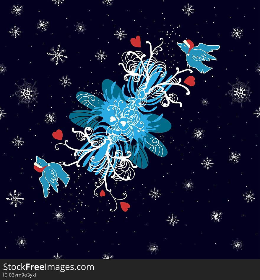 Winter Background With Doodle Birds, Hearts And