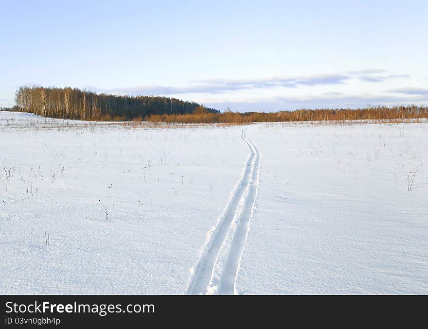 Ski trace through the field covered with snow. Ski trace through the field covered with snow