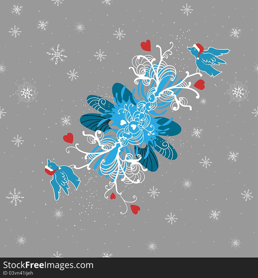 Winter background with doodle birds, hearts and