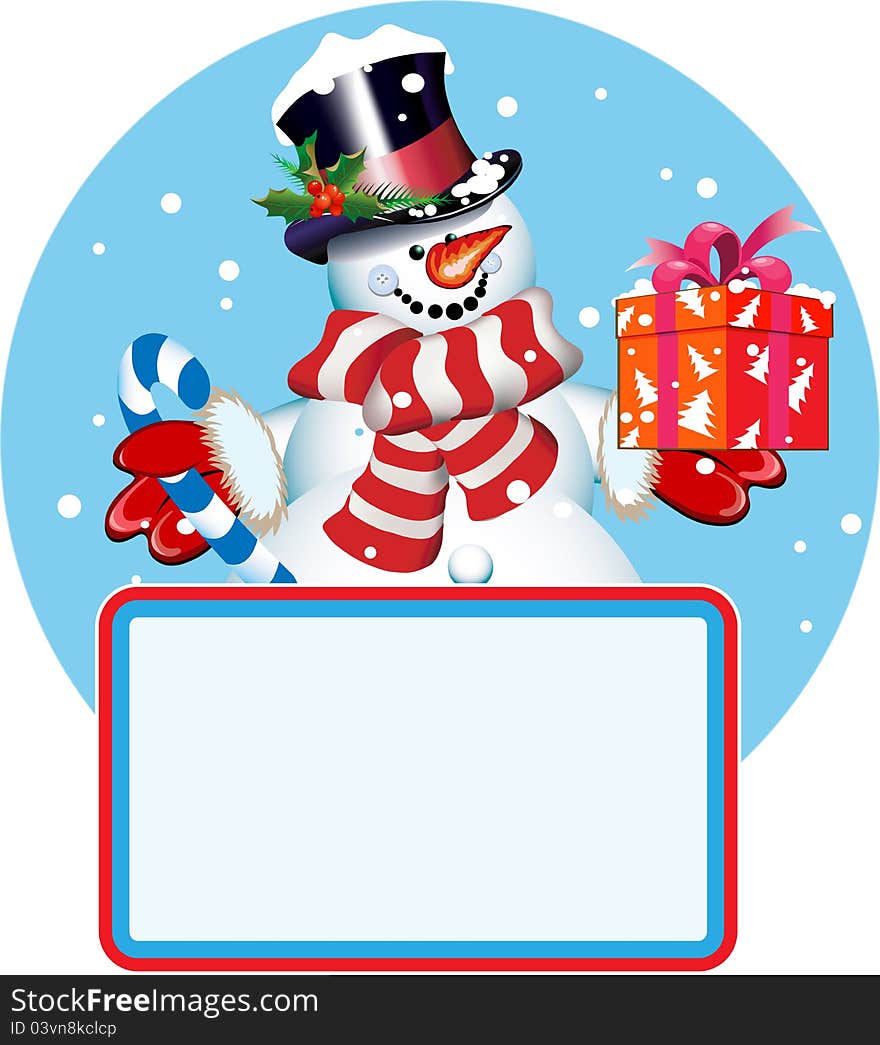 Blank sign. Snowman with gift