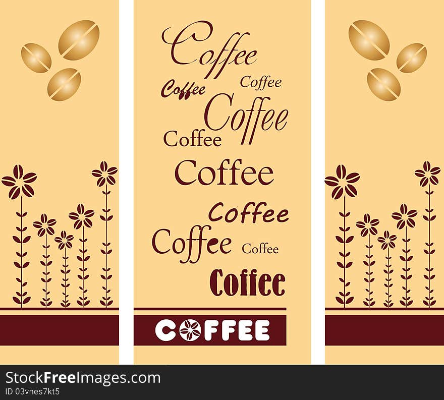 Pattern of coffee beans and letters on a beige background greeting card of three parts