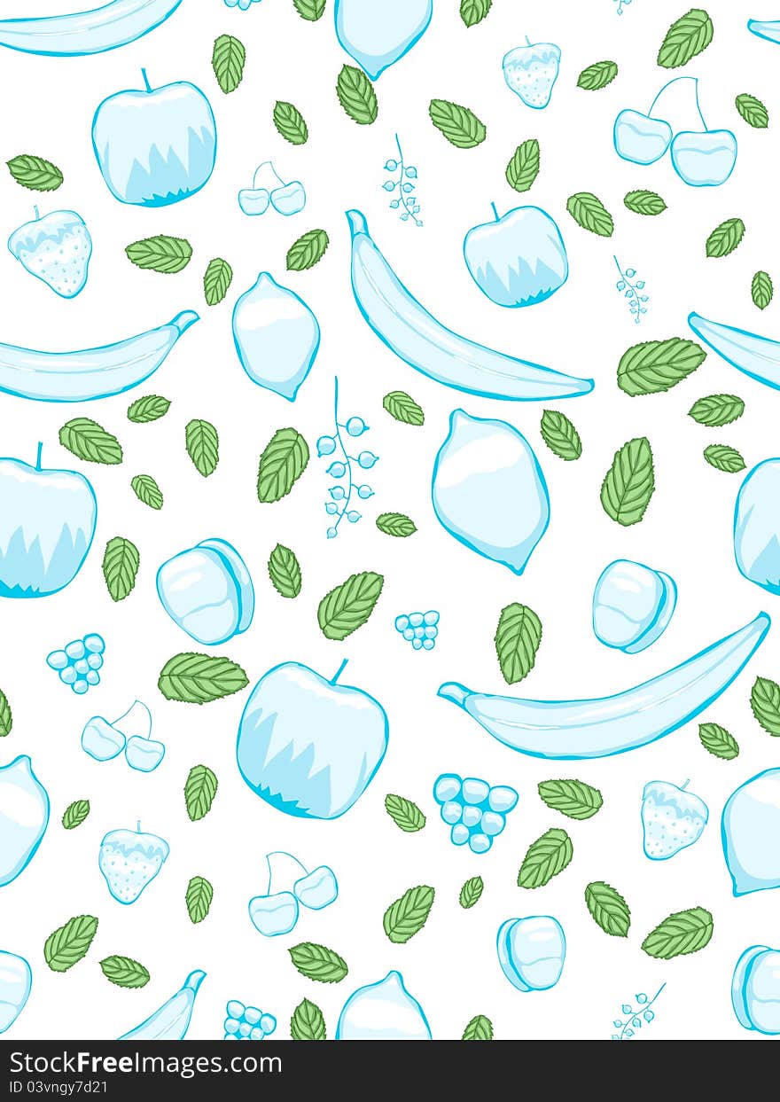 Seamless pattern with fruit-shaped ice and fresh mint. Seamless pattern with fruit-shaped ice and fresh mint.