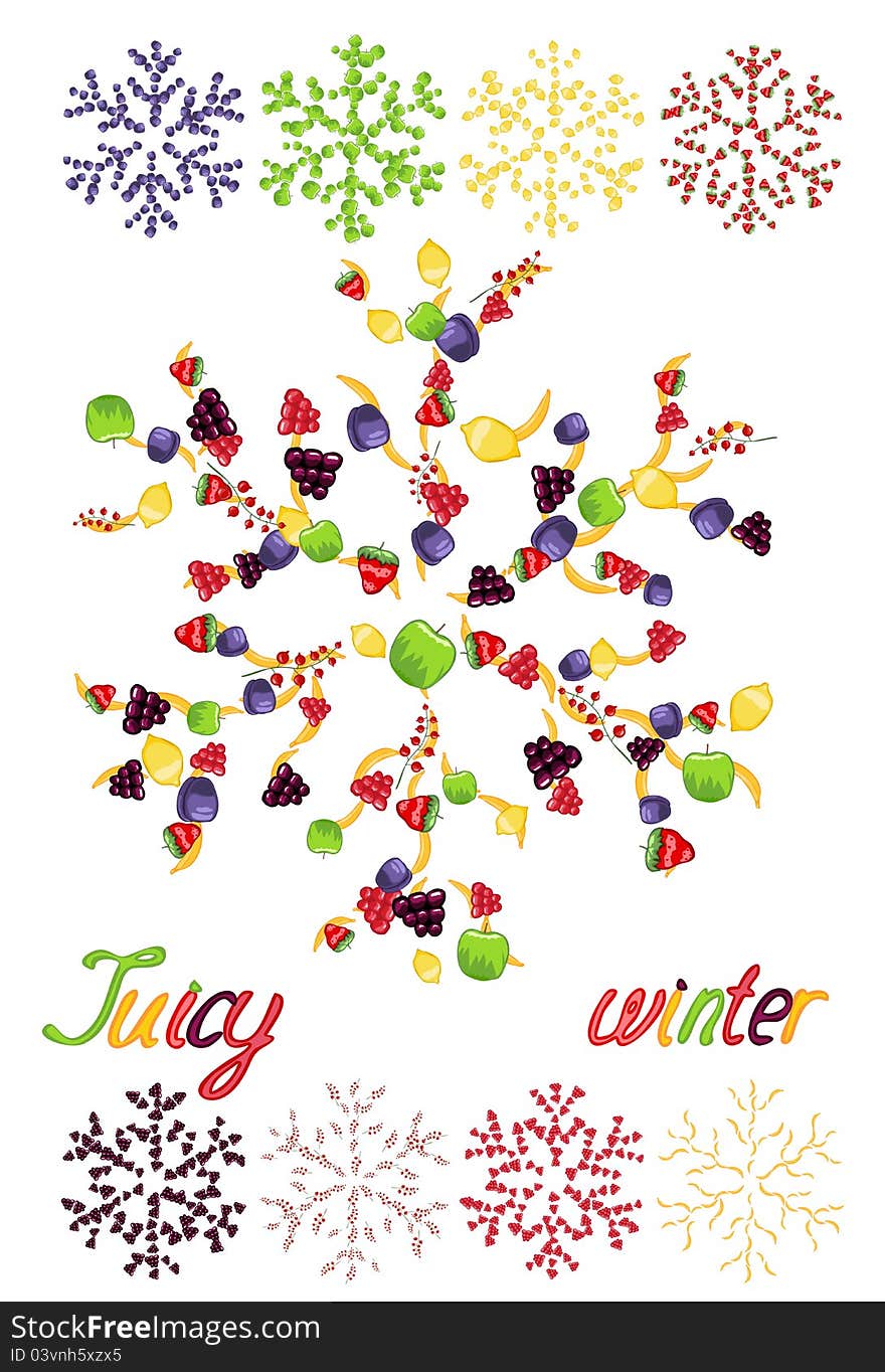 Juicy snowflakes made of fruit icons. Juicy snowflakes made of fruit icons