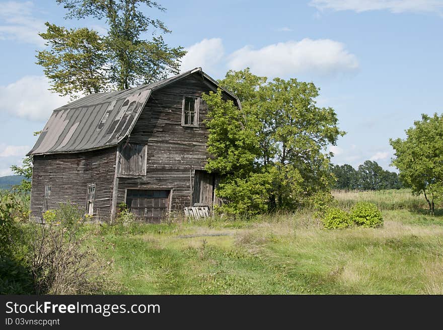 An abandoned barn in a field gone to seed. An abandoned barn in a field gone to seed