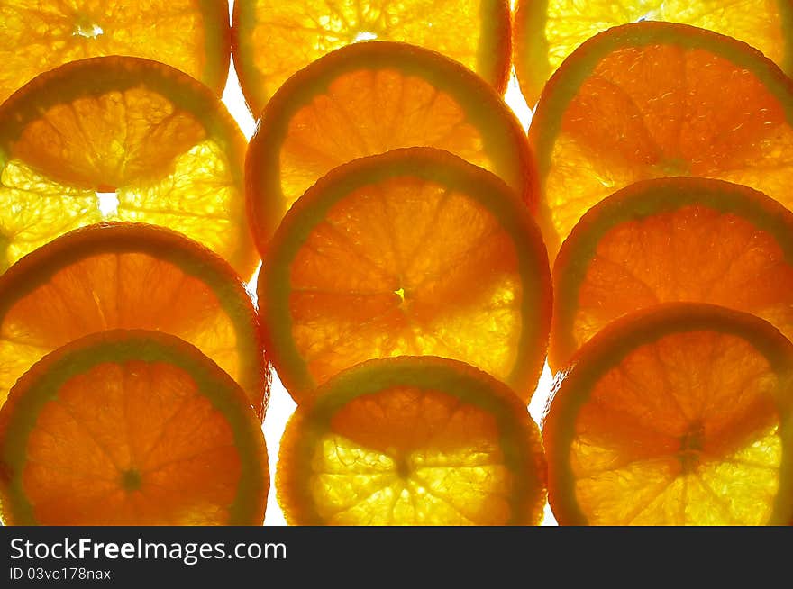 Oranges for juicing, finely sliced. Oranges for juicing, finely sliced