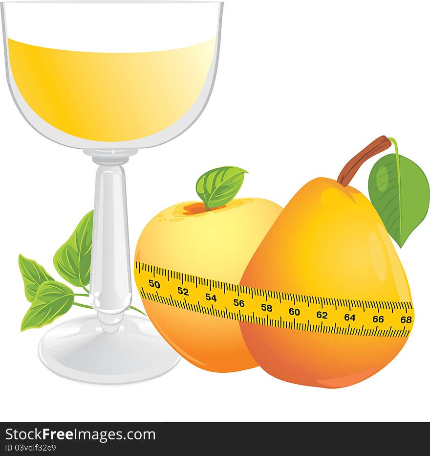 Glass with juice, fruits and measuring tape