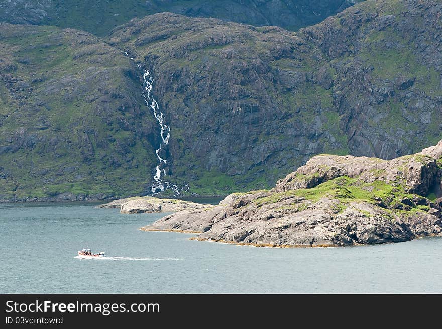 Beautiful landscape with green mountains , waterfall and sea. Beautiful landscape with green mountains , waterfall and sea