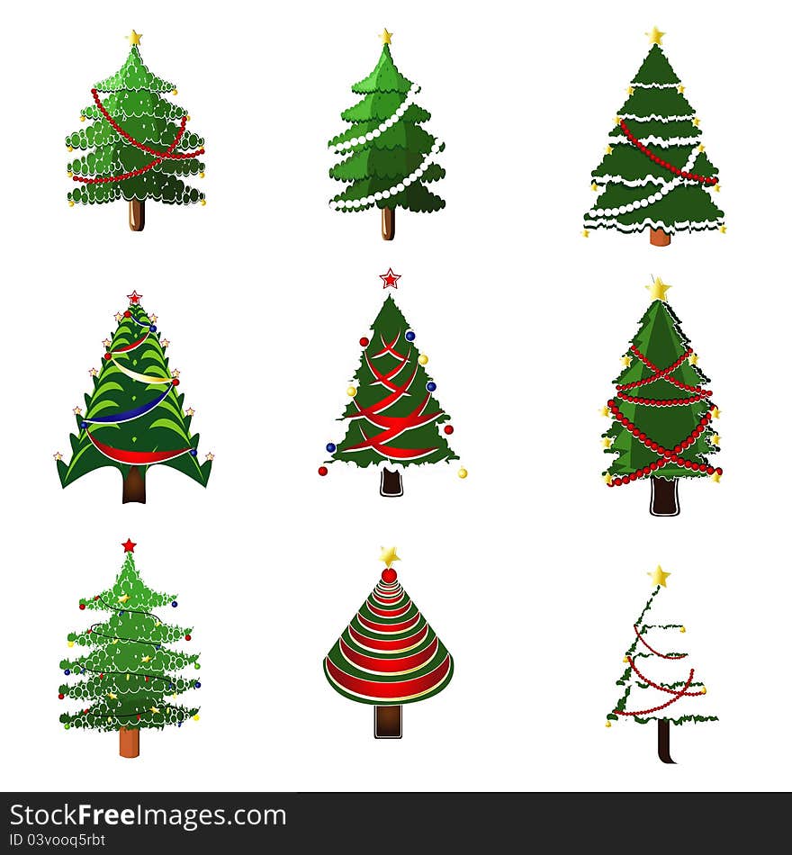 Illustration of set of christmas tree in different style