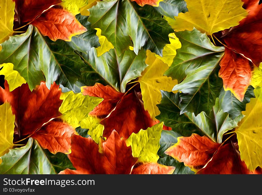 An array of large leaves in bright autumn colors