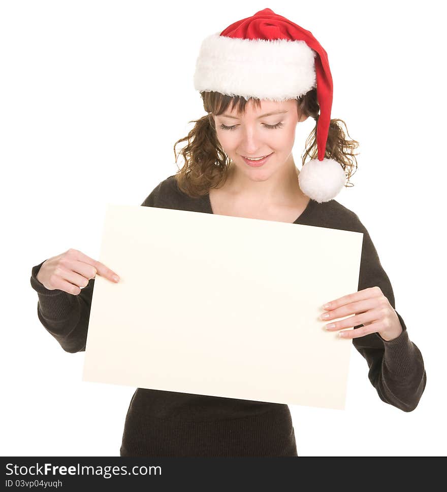 Young girl in Santa hat gesturing