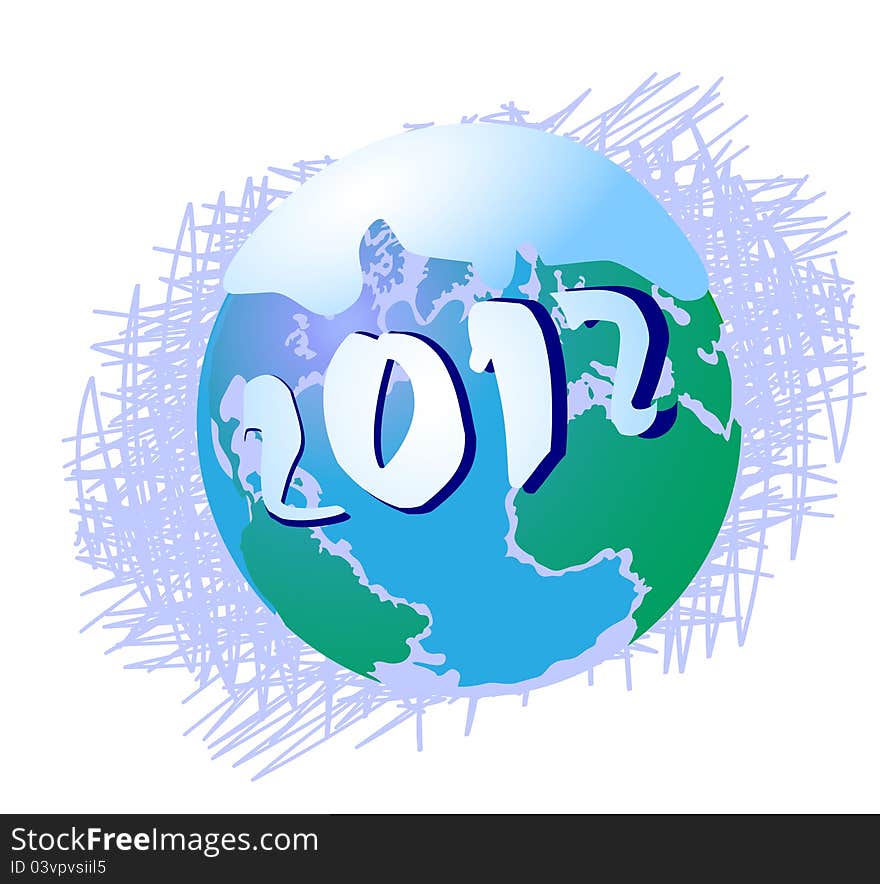 Globe covered with snow, on a graphical background and the date 2012. Globe covered with snow, on a graphical background and the date 2012