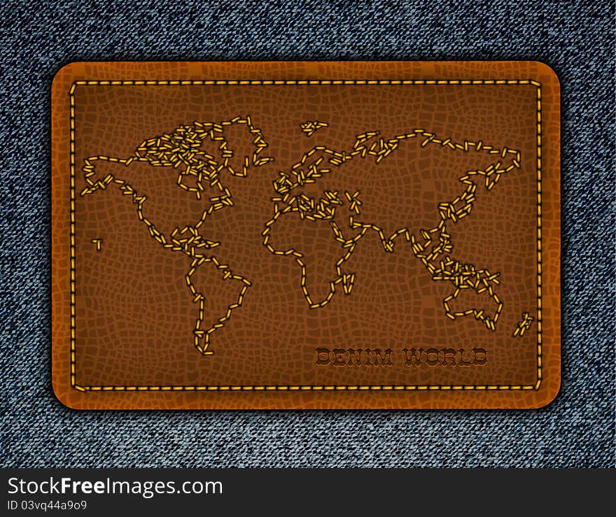 World map on aleather label. Realistic vector denim background.