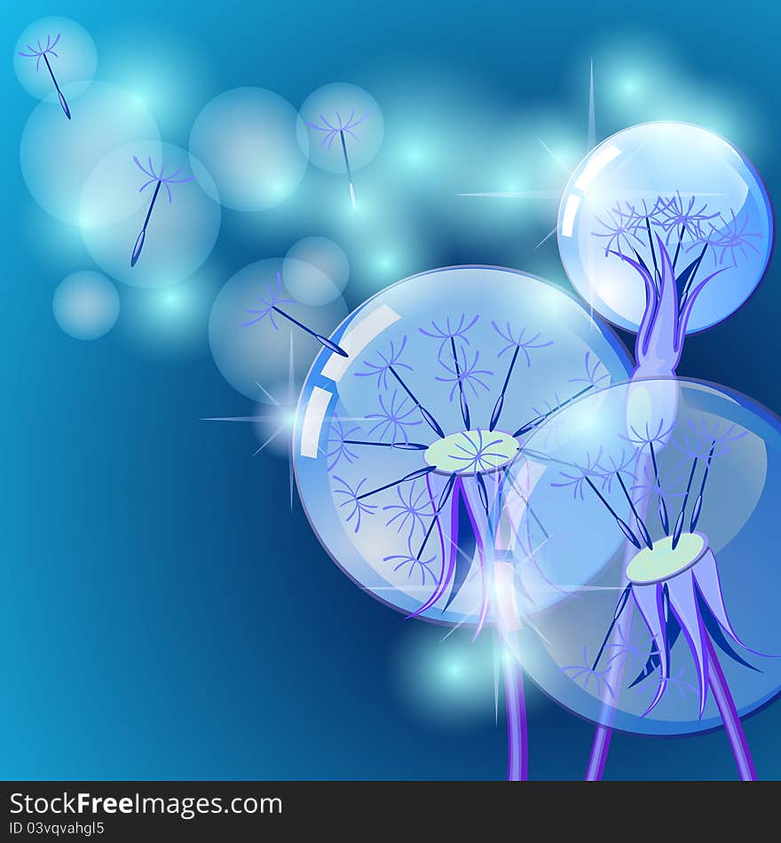 Blue background with shiny spheres and dandelions