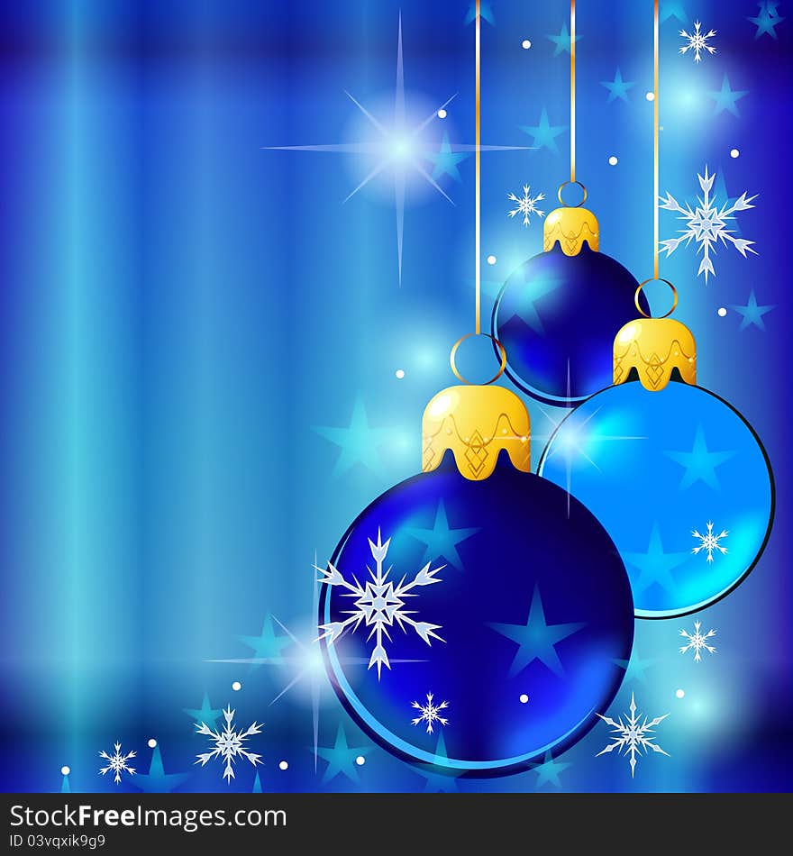 Holiday blue card with shiny Christmas balls and stars. Holiday blue card with shiny Christmas balls and stars