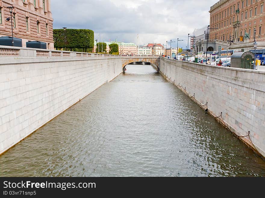 Urban water canal and bridge in Stockholm