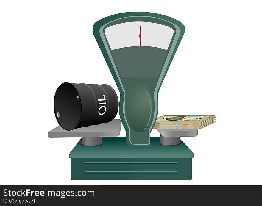 Trade balance with a barrel of oil and a bundle of banknotes. An abstract image of the cost of the goods