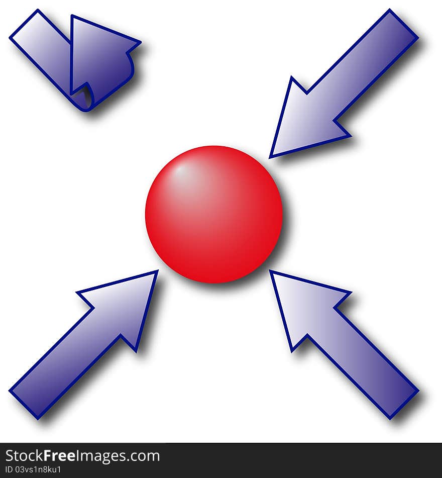 Three blue arrows going to the center with red ball and one arrow with reverse direction. Three blue arrows going to the center with red ball and one arrow with reverse direction