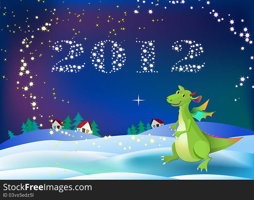 Dragon new 2012 year symbol with snowflakes