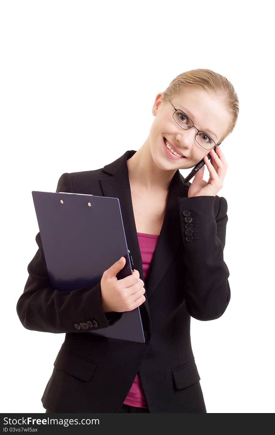 Business woman talking on a cell phone on a white background