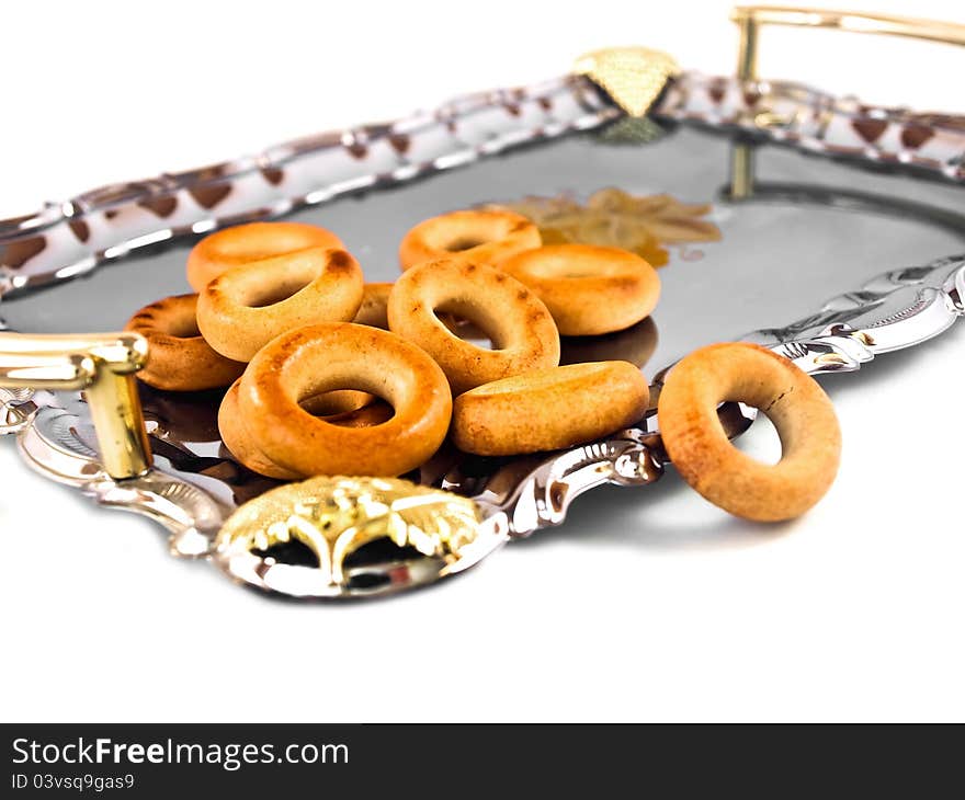 Russian sushki on a silver tray