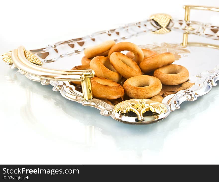 Russian sushki on a silver tray