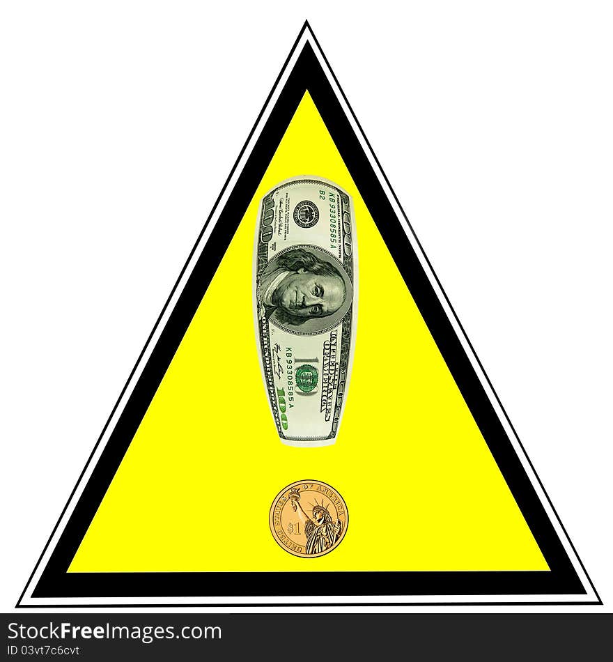 Alert, attention on money. US dollars as exclamation sign with the yellow background is isolated on white. Alert, attention on money. US dollars as exclamation sign with the yellow background is isolated on white.