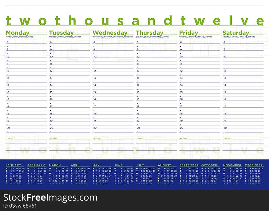 Calendar and planning 2012 in english and other european languages, green and blue colors. Calendar and planning 2012 in english and other european languages, green and blue colors