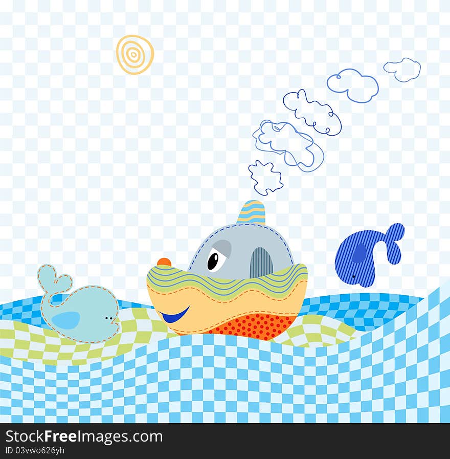 Children's background with toy ship and dolphin.