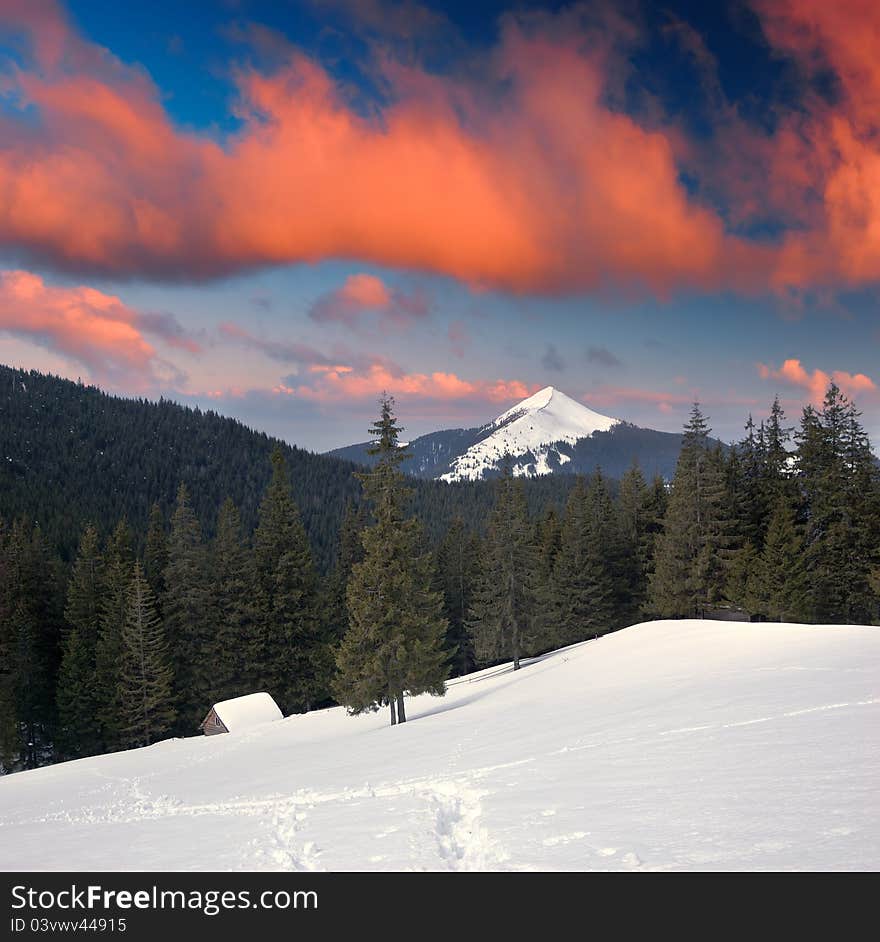 Spring landscape in mountains on a decline of day. Ukraine, mountains Carpathians