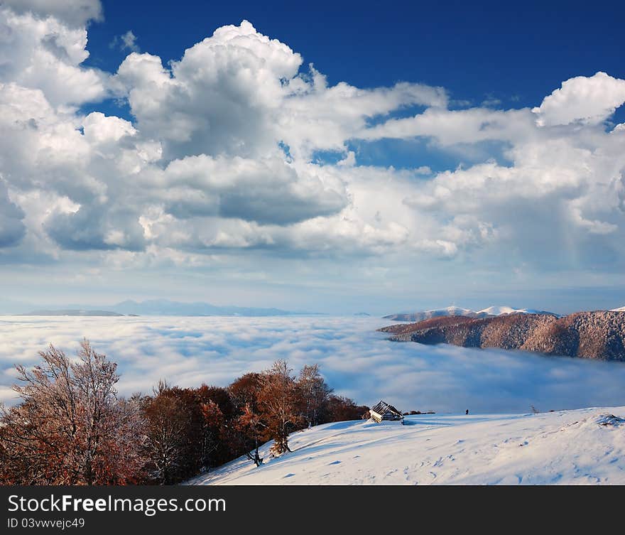 Landscape in the mountains. Early snow had fallen in October. Carpathian mountains, Ukraine. Landscape in the mountains. Early snow had fallen in October. Carpathian mountains, Ukraine.