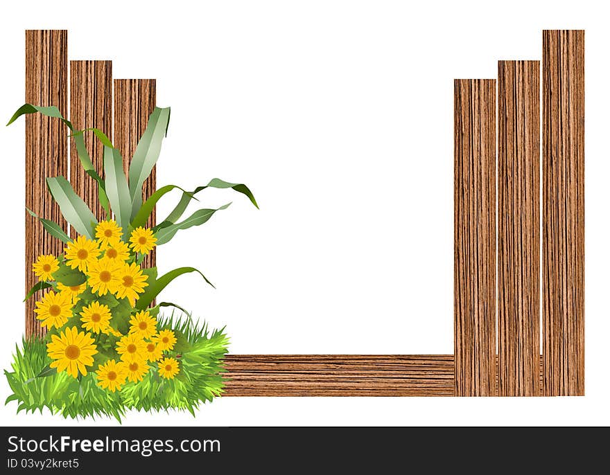 Wooden border with sunflowers, corn leaves and grass. Wooden border with sunflowers, corn leaves and grass