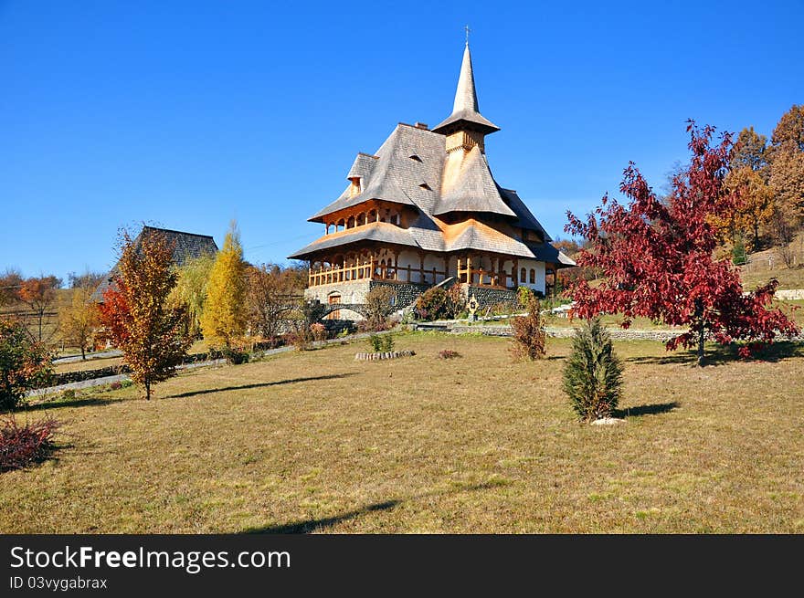 Barsana monastery in maramures, northern transylvania in romania. Curved stairs to wooden house. Barsana monastery in maramures, northern transylvania in romania. Curved stairs to wooden house.