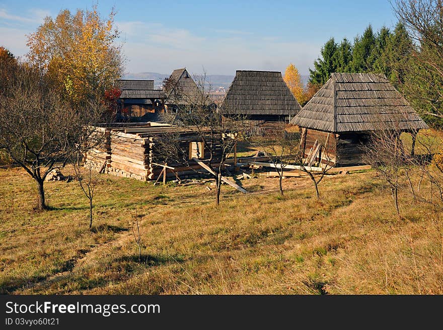 Wooden house under construction in a Transylvania village of Romania