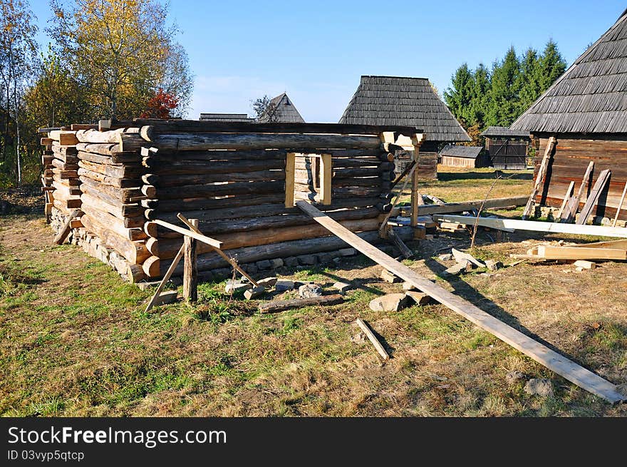 Wooden house under construction in a Transylvania village of Romania