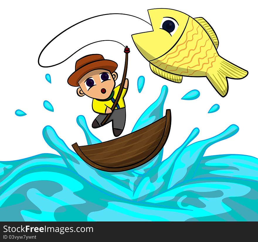 Cartoon illustration of a fisherman who caught a very big fish