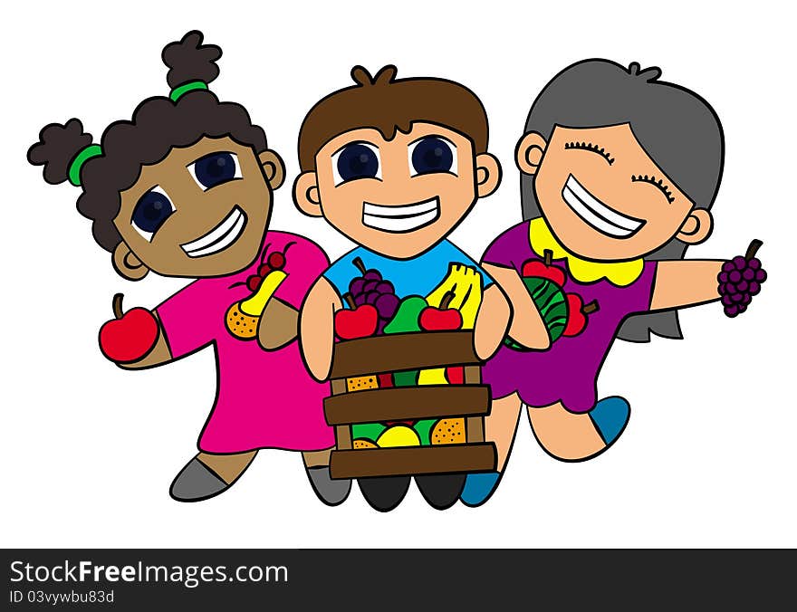 Illustration of three cute cartoon kids holding fruits. Illustration of three cute cartoon kids holding fruits