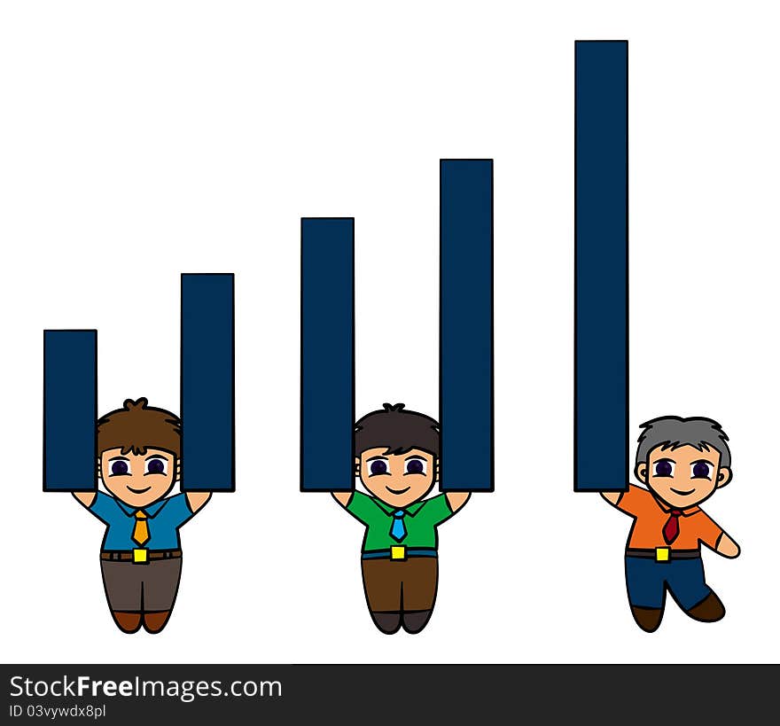 Three business men, each carrying a bar of a business graph. Three business men, each carrying a bar of a business graph