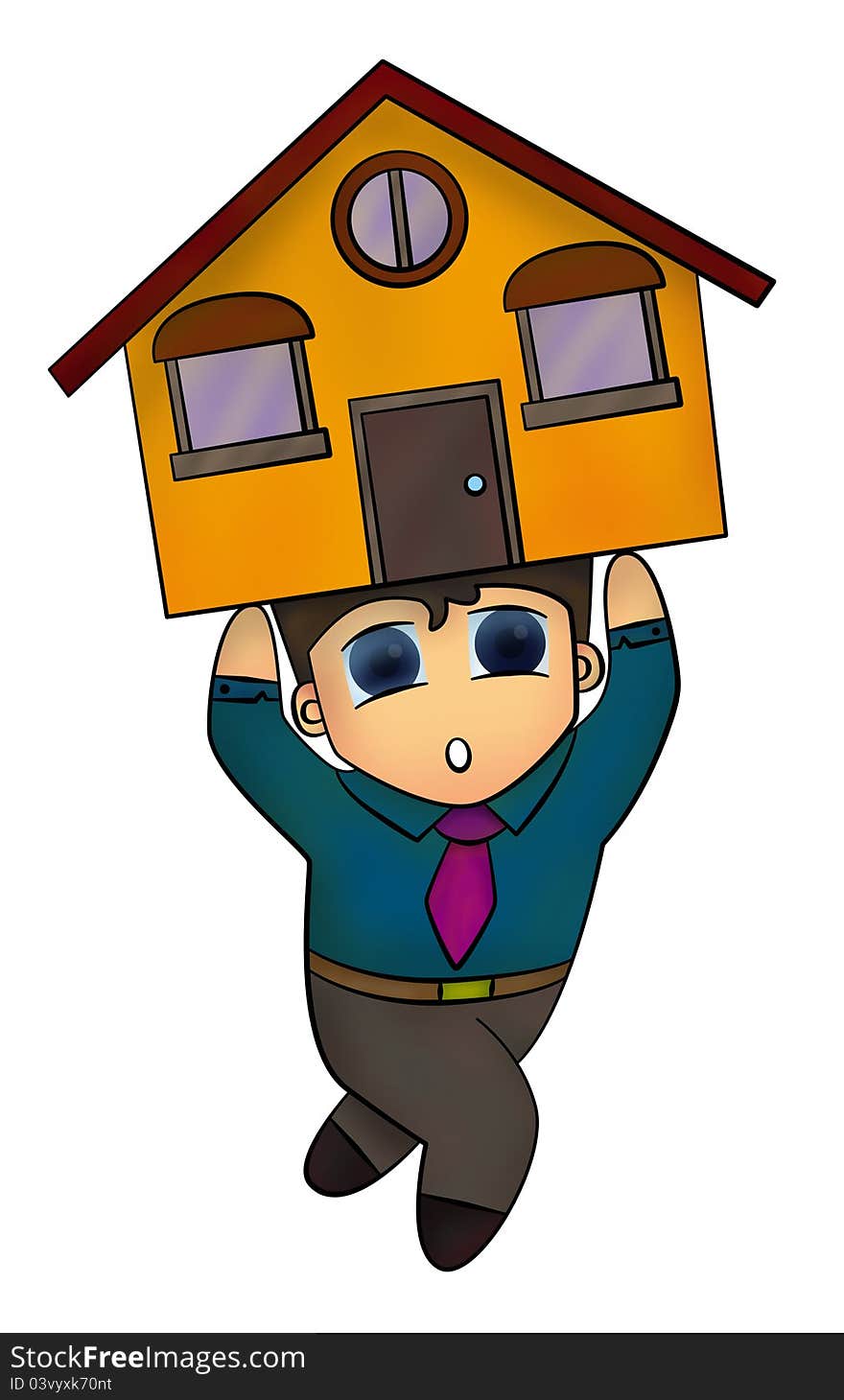 Illustration of a cartoon business man carrying a house. Illustration of a cartoon business man carrying a house